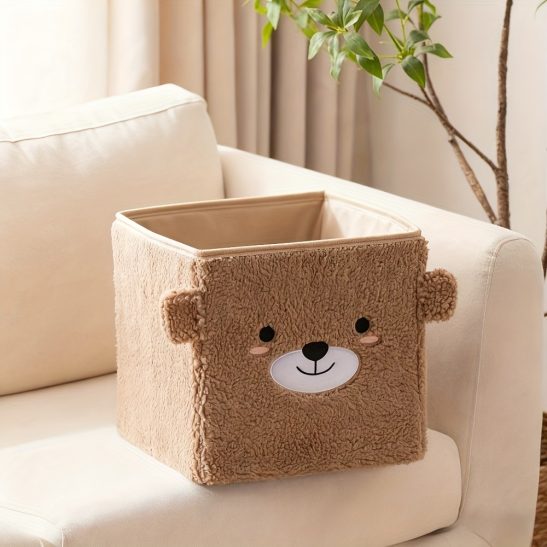 Cute Teddy Bear & Panda Coral Fleece Storage Basket - Foldable, Open-Top Design, Soft & Durable, Perfect for Bathroom & Bedroom Organization, Ideal for, Shelf Baskets, Shelf Baskets | Playful Design | Durable Storage