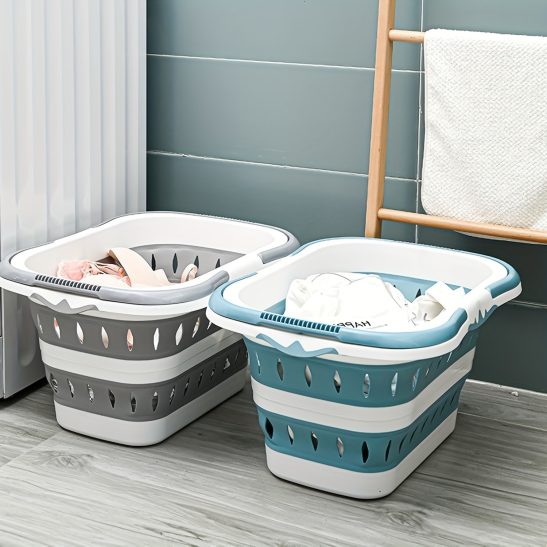 Portable Collapsible Plastic Laundry Basket, Foldable Laundry Baskets two Handles Portable Collapsible Bucket, Foldable Clothes Basket Space Saving for Home, Laundry Room, Bedroom, Dorm(GREYu002F blue), Laundry Basket with Cover, Extra Large Foldable La